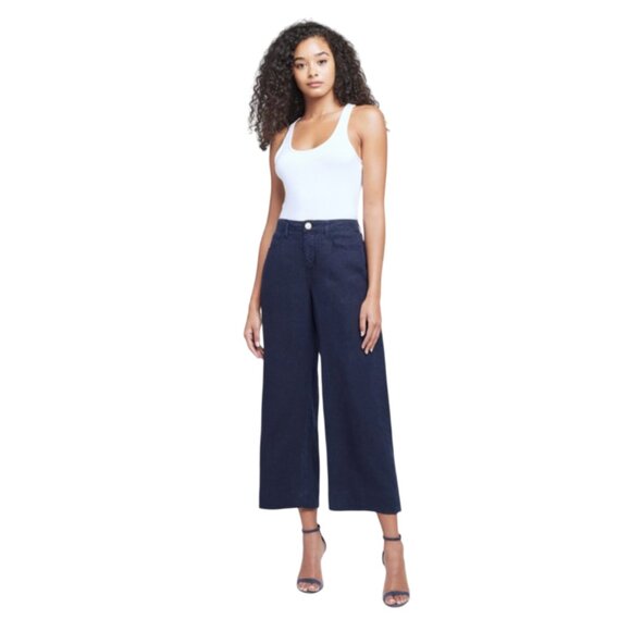 L'Agence Danica Linen Wide Leg Pants Womens 25 Navy Blue High Rise Crop Cropped - Picture 2 of 14